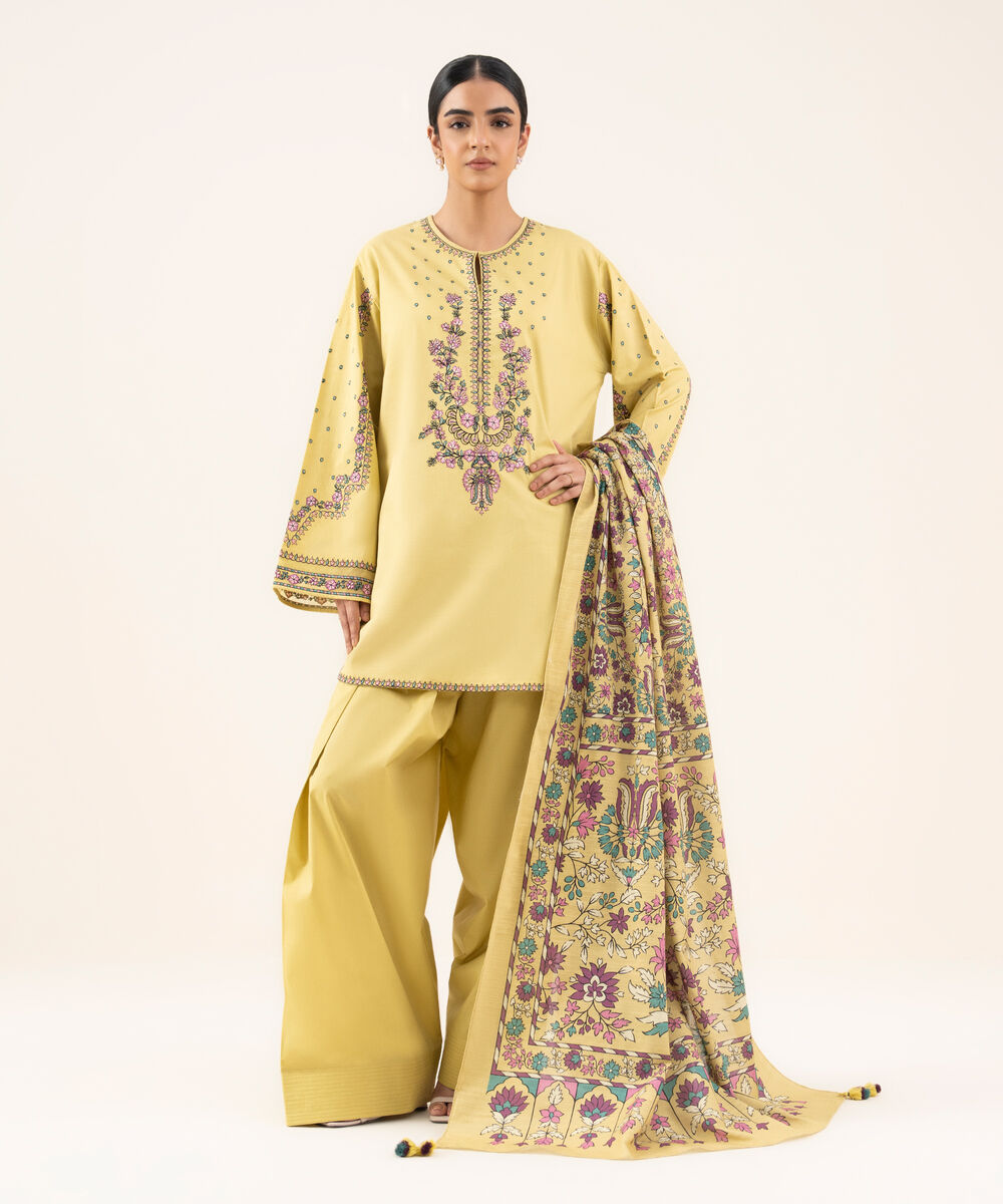 Women's Unstitched Textured Cotton Embroidered Yellow 2 Piece Suit