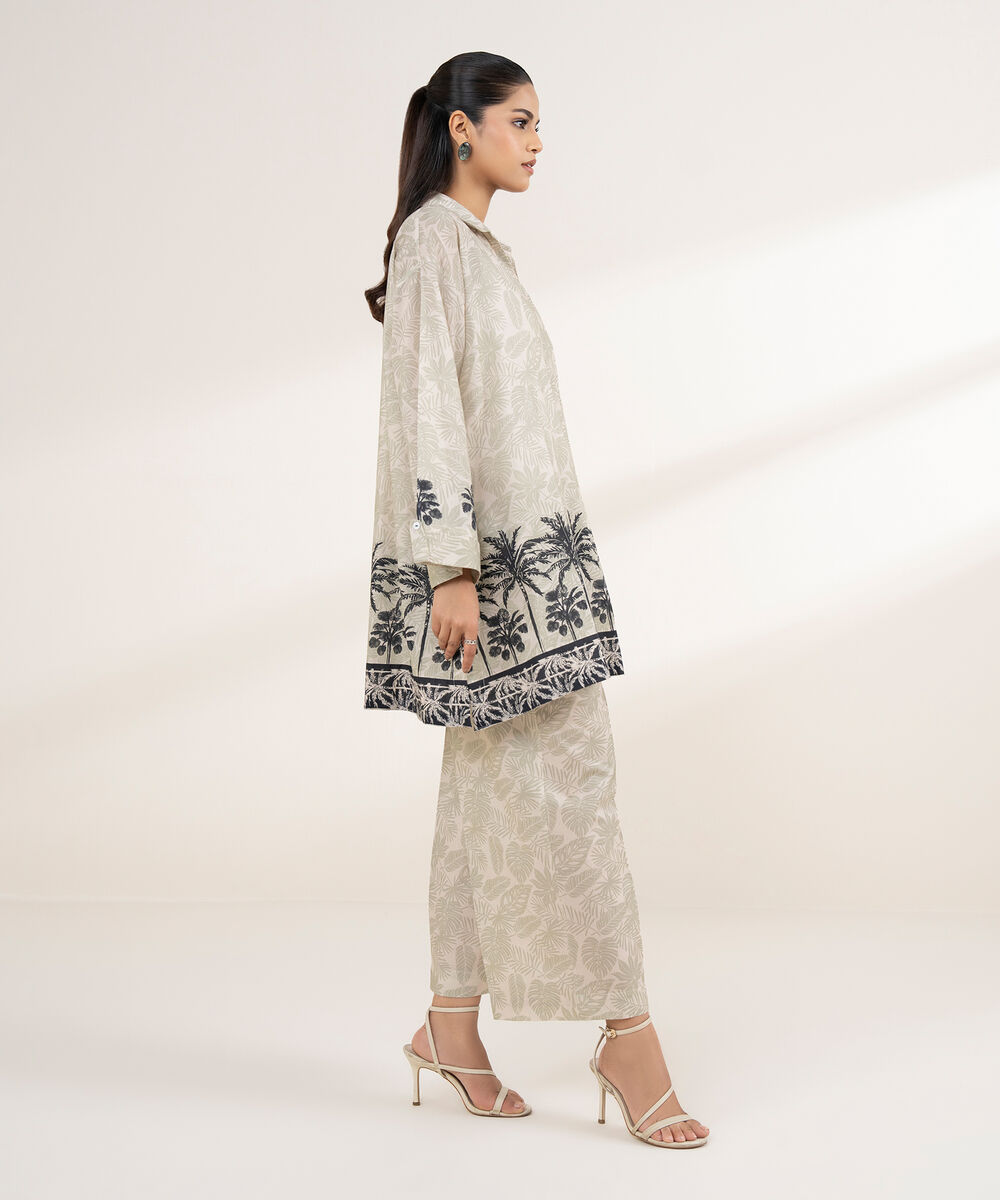 Women's RTW Lawn Beige Printed Boxy Shirt