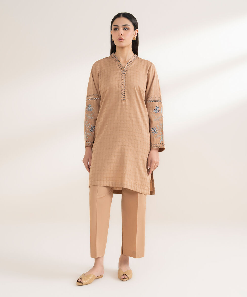 Women's RTW Textured Cotton Embroidered Straight Beige Shirt