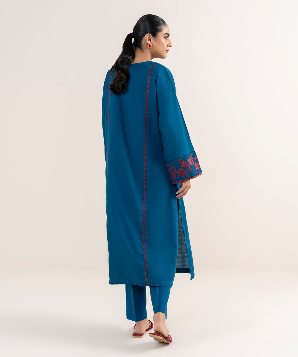 Women's RTW Textured Lawn Blue Embroidered Straight Shirt