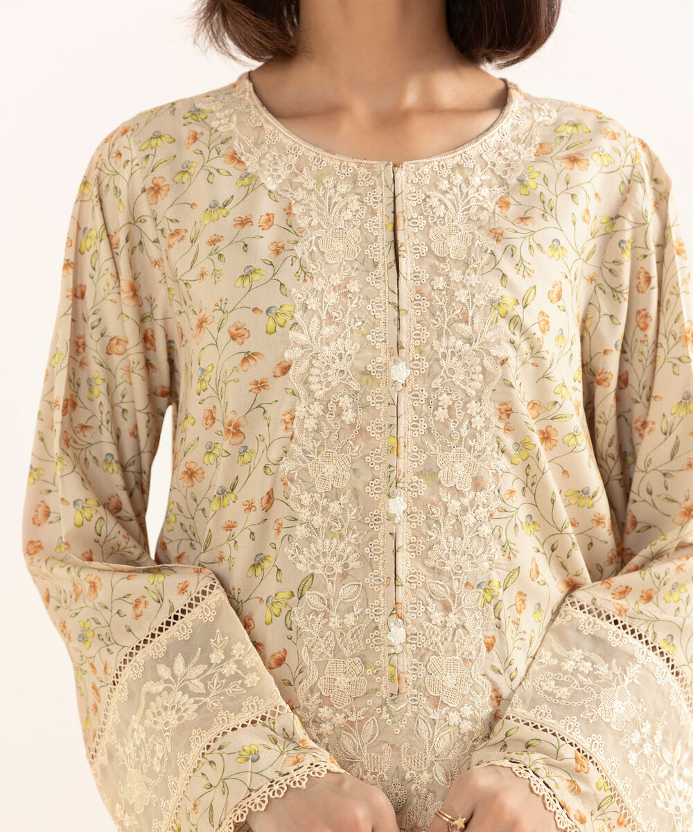 Women's RTW Arabic Lawn Beige Embroidered A-Line Shirt