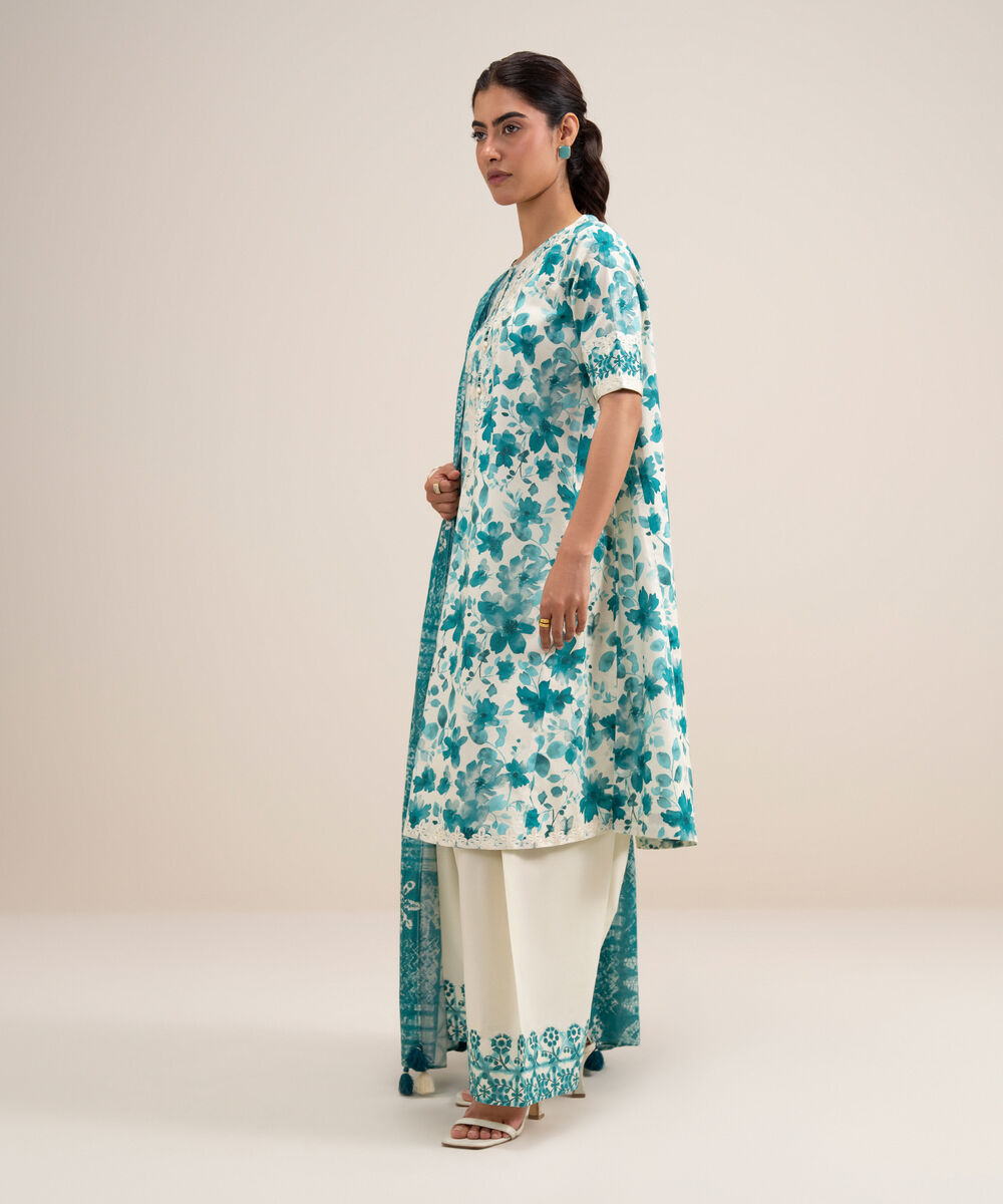 Women's Unstitched Lawn Embroidered Off White and Blue 3 Piece Suit