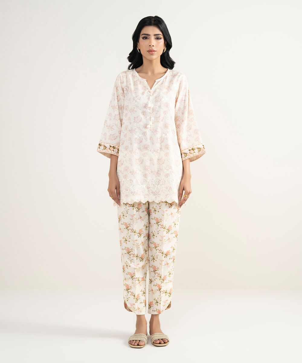 Women's RTW Dobby Embroidered Off White Straight Shirt
