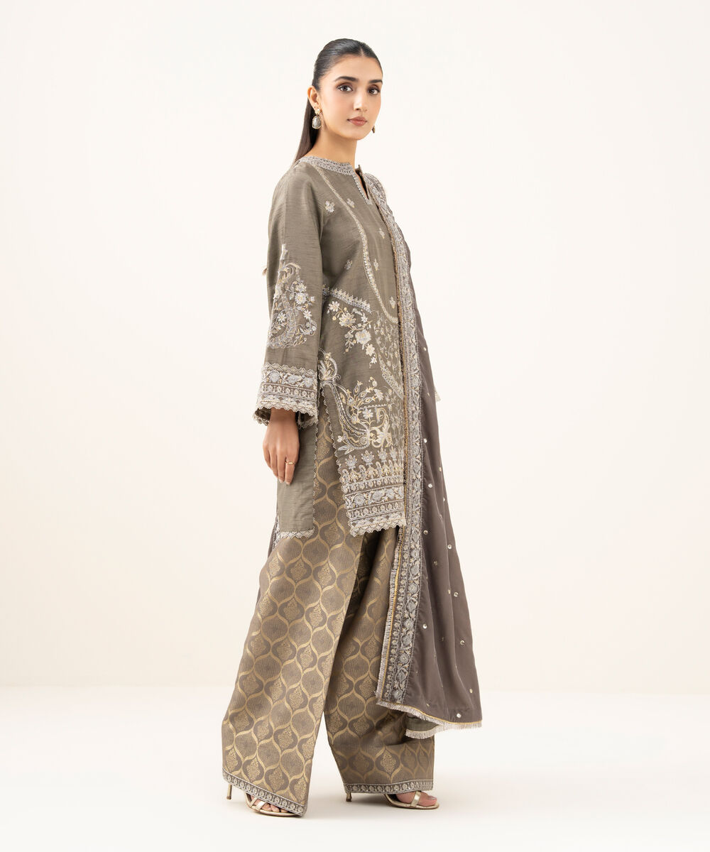 Women's Unstitched Raw Silk Embroidered Grey 3 Piece Suit