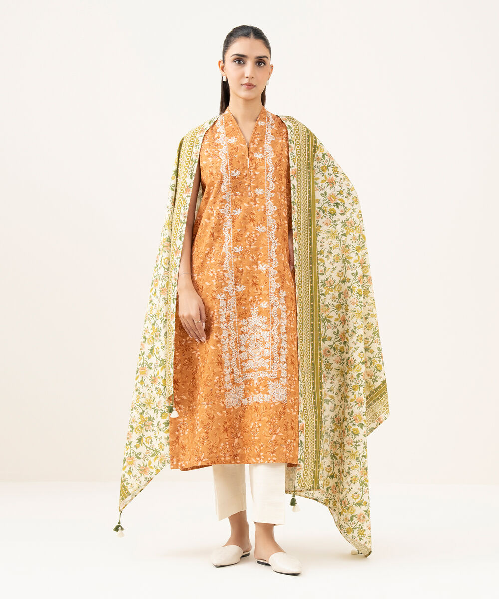 Women's Unstitched Khaddar Embroidered Orange   2 Piece Suit