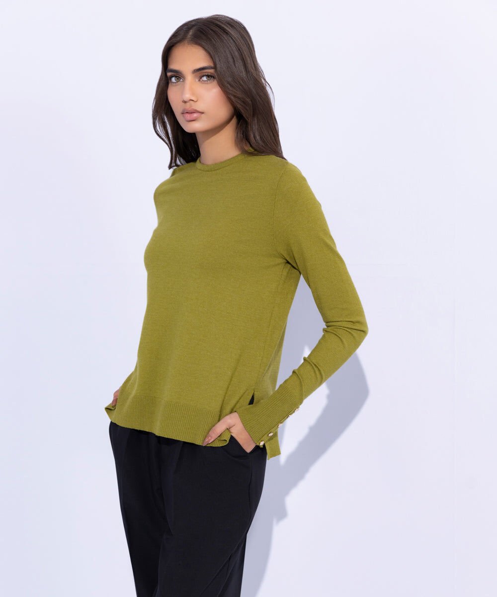 Lightweight Sweater with Gold Buttons Woman - Green Lightweight Sweater with Gold Buttons
