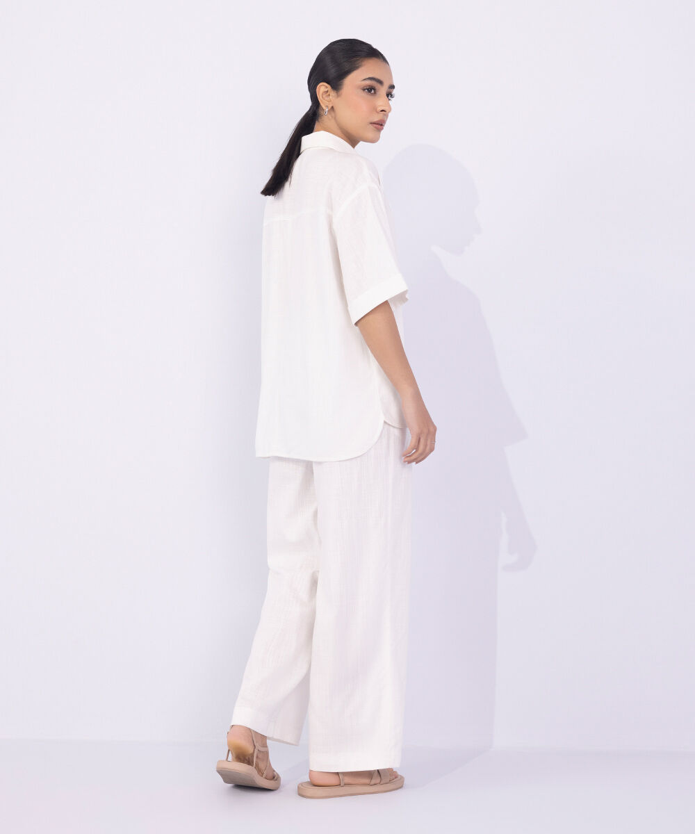 Women's Western Wear White Textured Short Sleeve Shirt