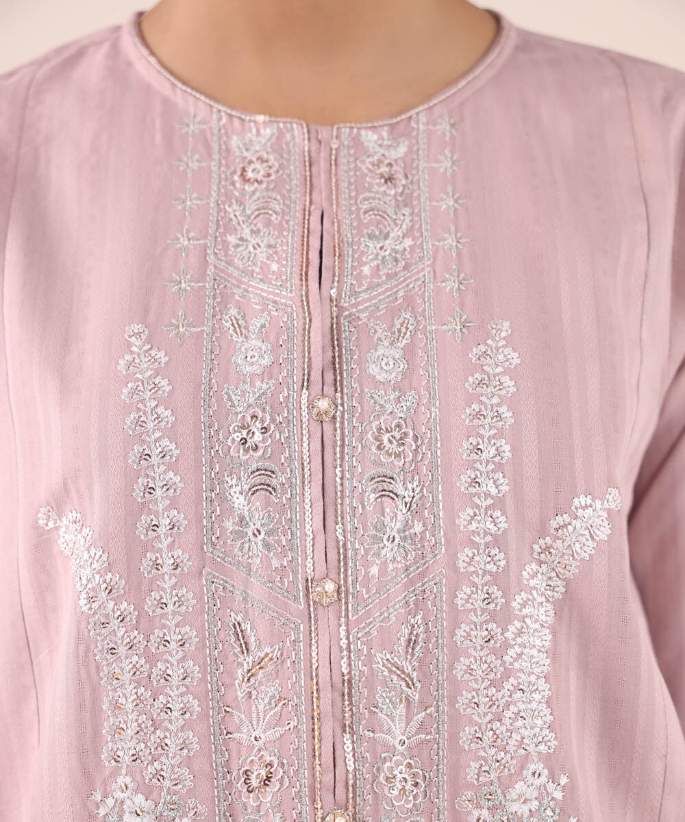 Women's RTW Dobby Pink Embroidered A-Line Shirt