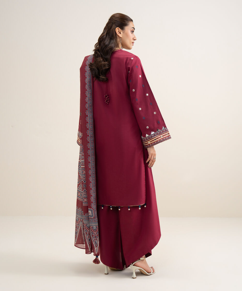 Women's Unstitched Lawn Embroidered Maroon 3 Piece Suit