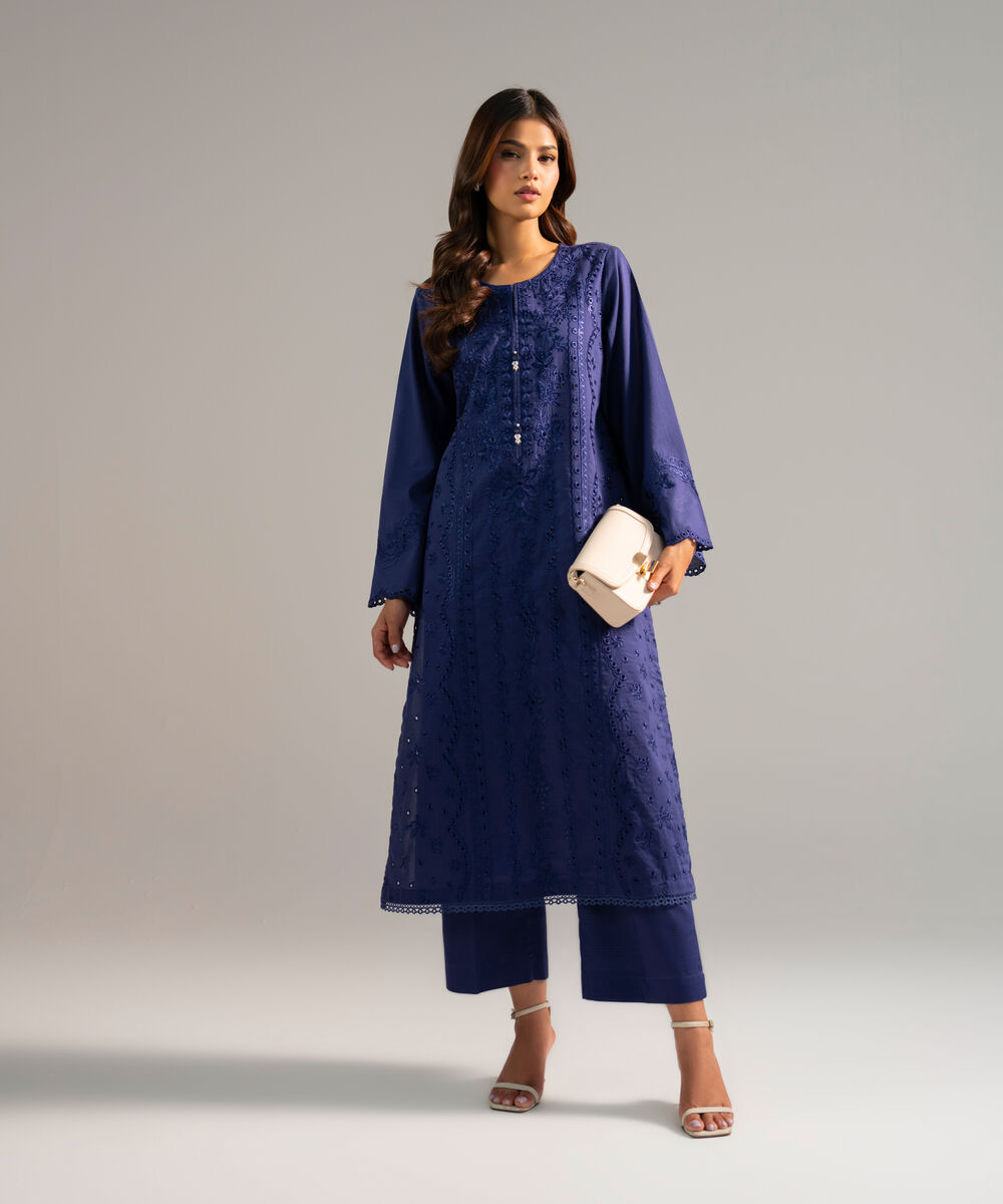 Women's RTW Dobby Embroidered Dark Blue 2 Piece Suit