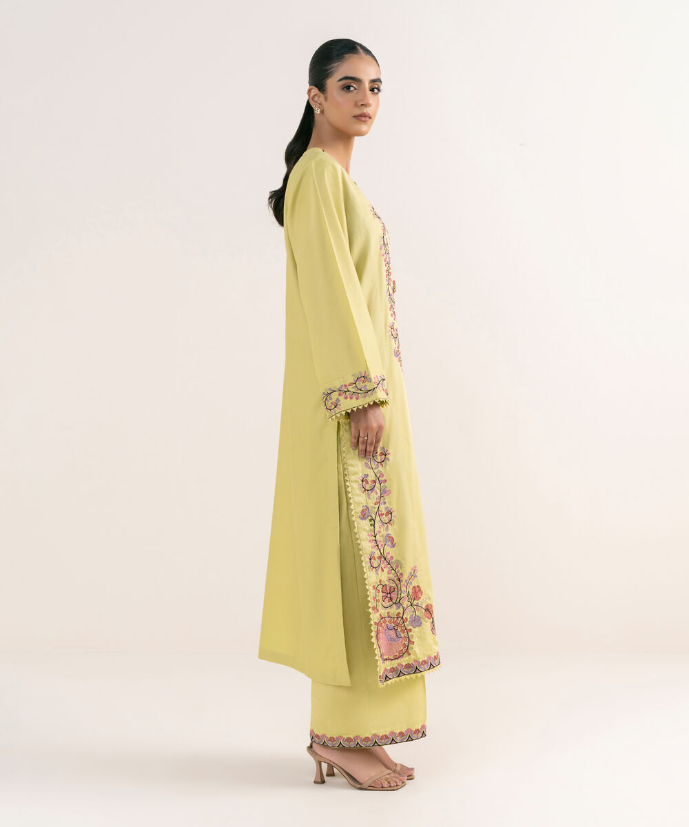 Women's RTW Cotton Satin Yellow Embroidered A-Line Shirt