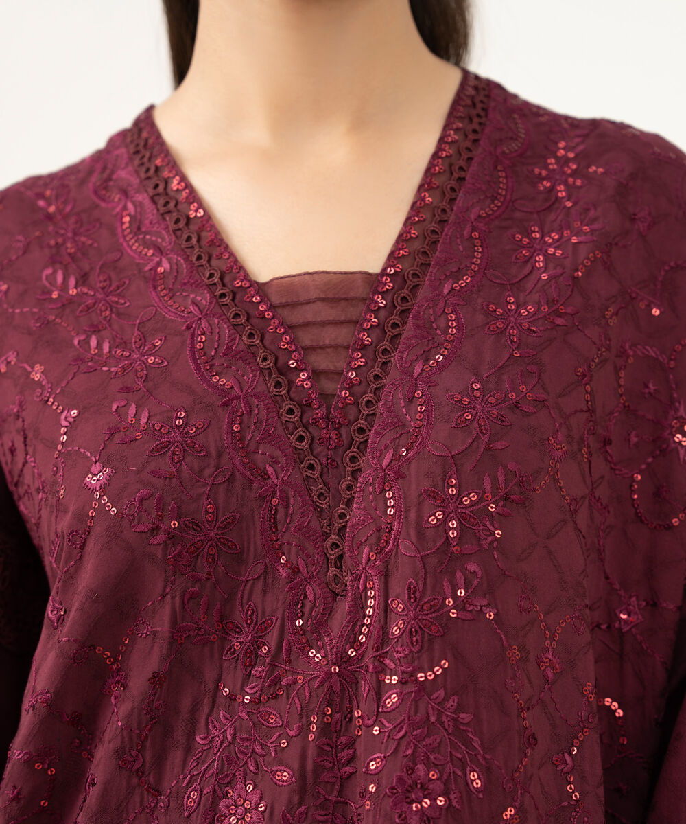 Women's Unstitched Linen Jacquard Embroidered Red 3 Piece Suit