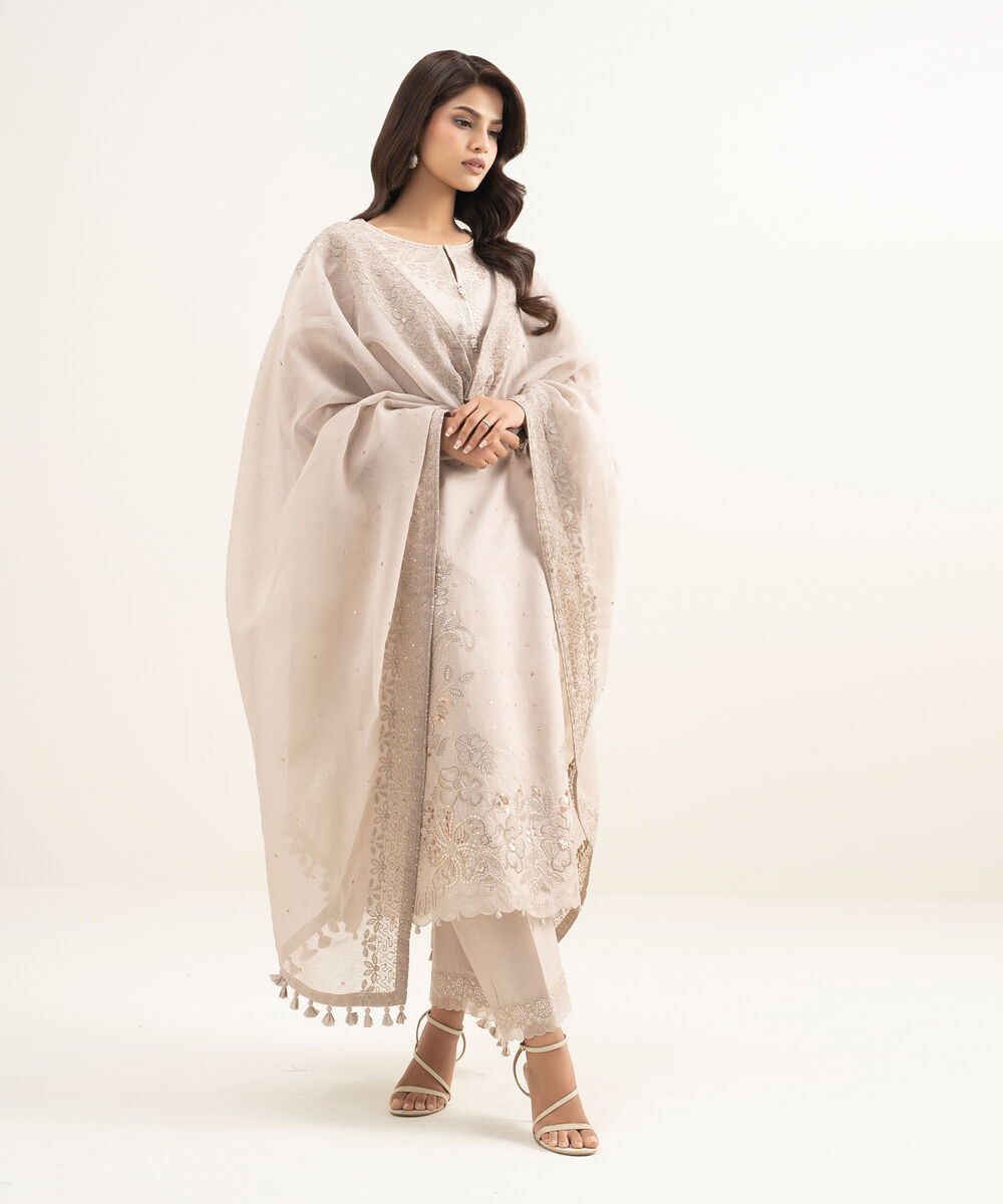 Women's Unstitched Lawn Embroidered Light Tea Pink 3 Piece Suit