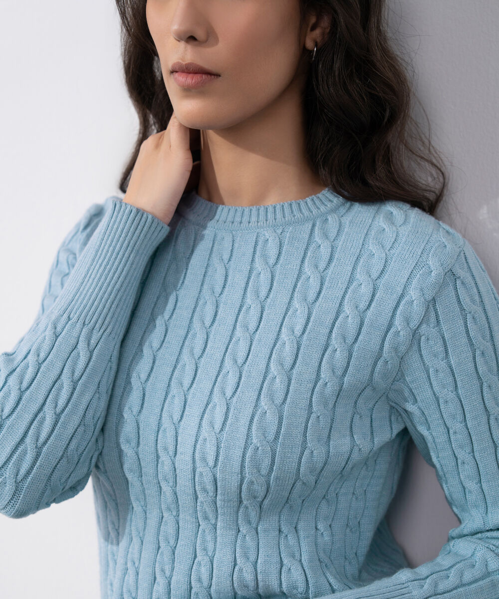 Women's Western Wear Blue Cable Knit Sweater