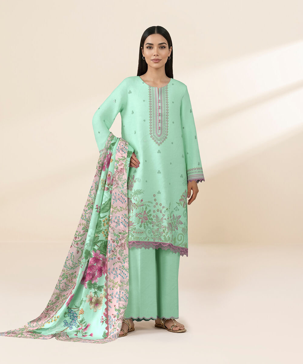 Women's Unstitched Self Jacquard Sea Green Embroidered 3 Piece Suit