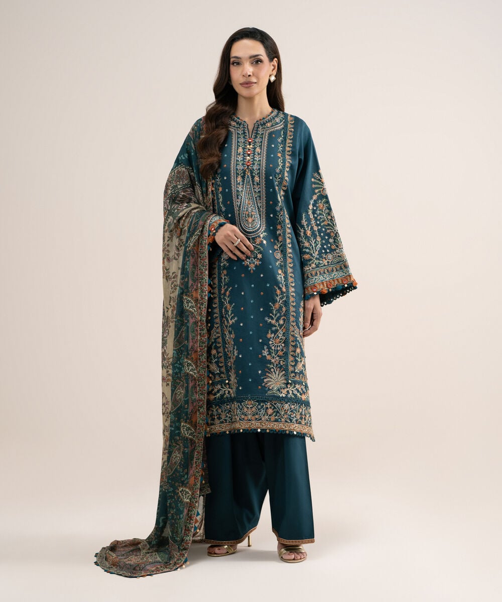 3 Piece - Embroidered Cotton Satin Suit