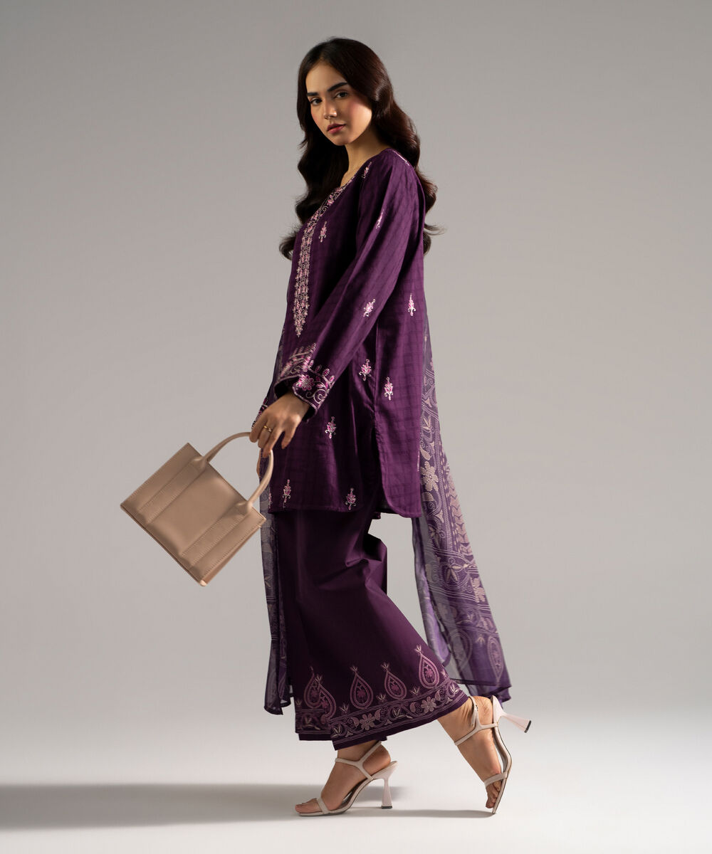 Women's RTW Dobby Embroidered Purple 3 Piece Suit