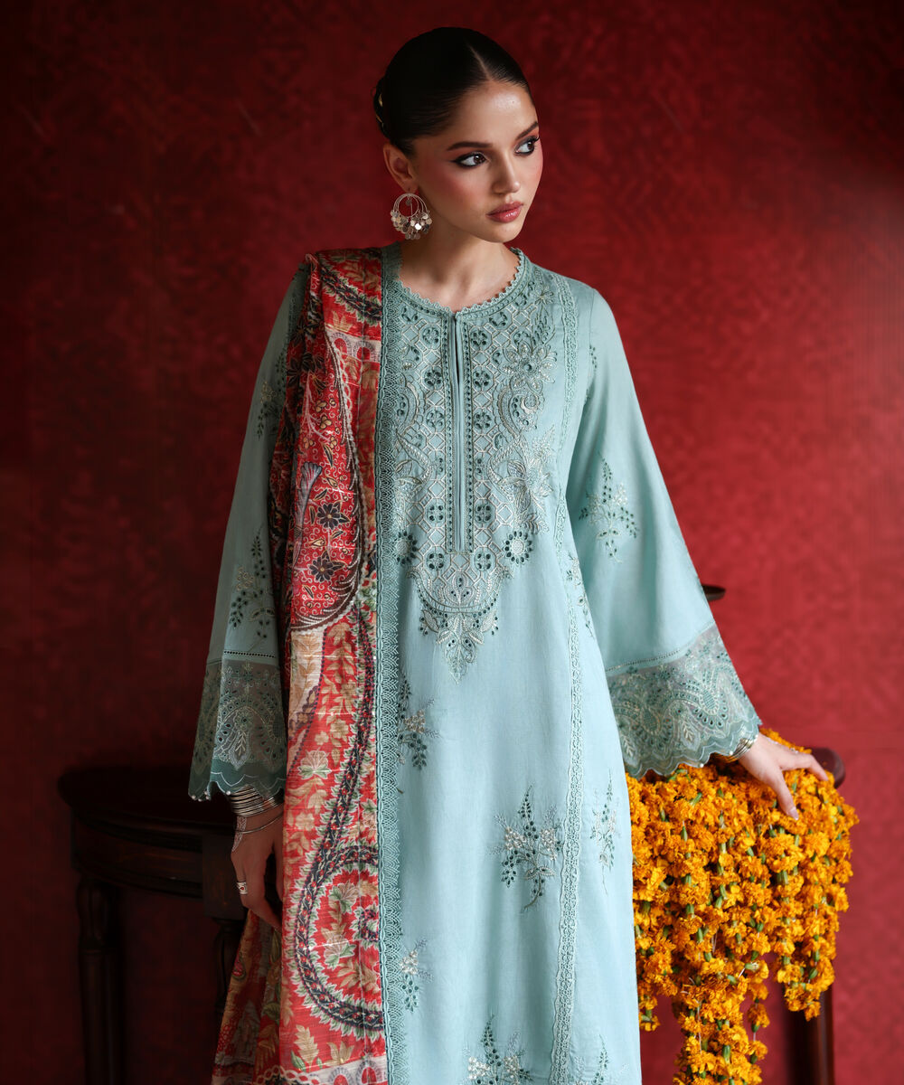 Women's RTW Self Jacquard Embroidered Seafoam Green 3 Piece Suit