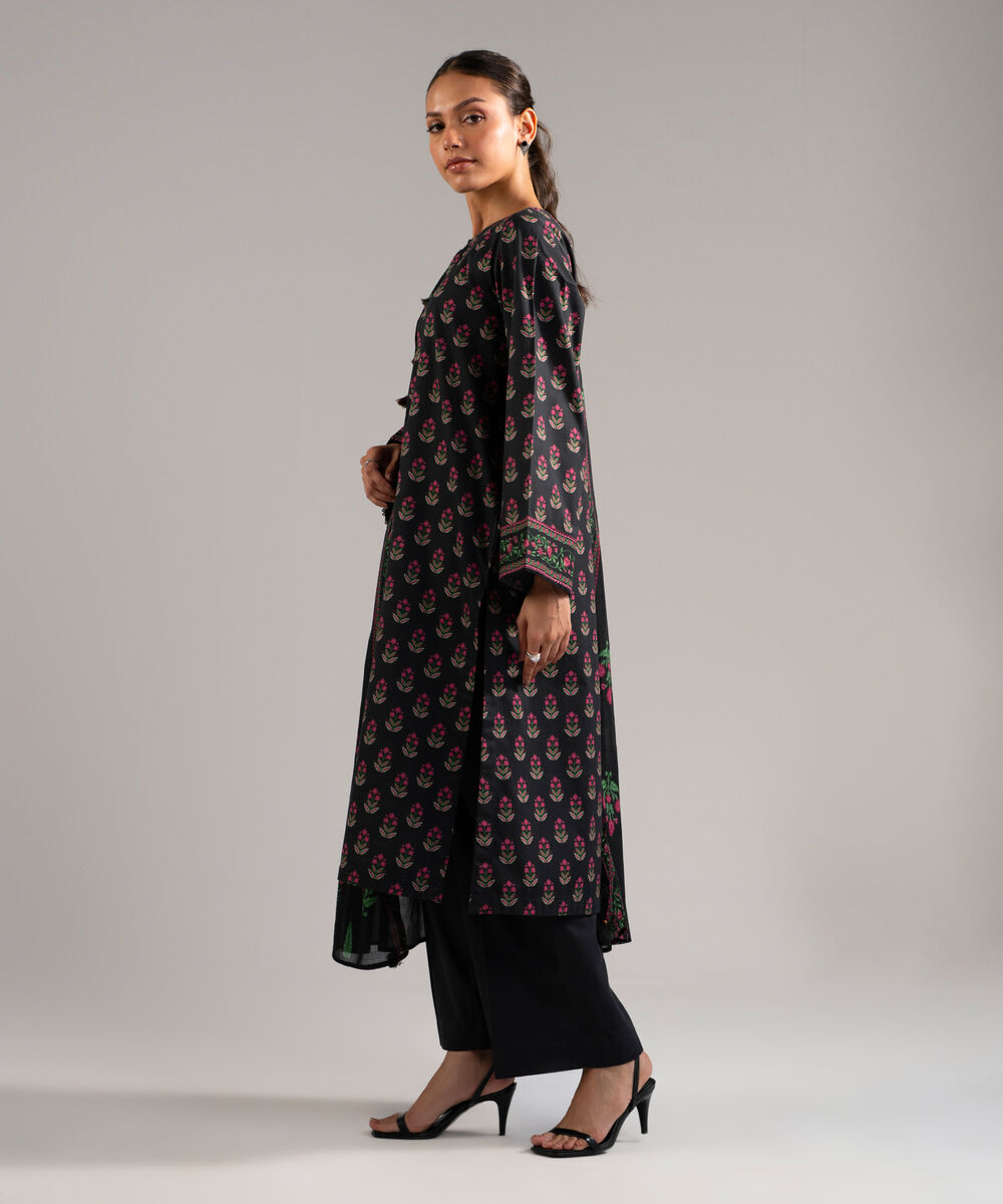 Women's RTW Slub Lawn Printed Black 3 Piece Suit