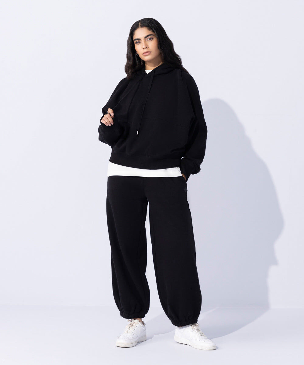 Woman - Black Fleece Hoodie with Waist Panel