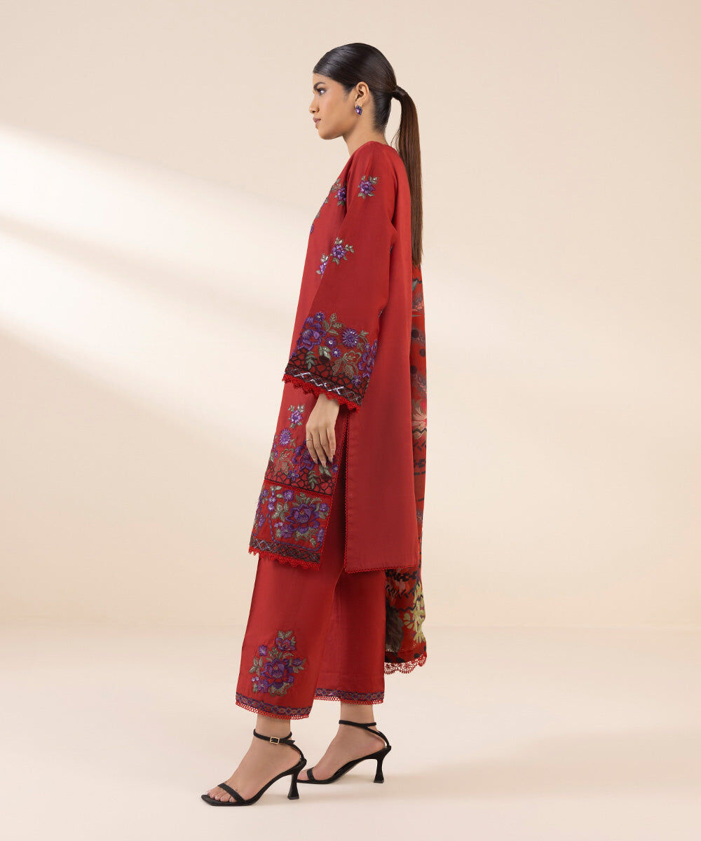 Woman - Red 3 Piece - Embroidered Cotton Satin Suit