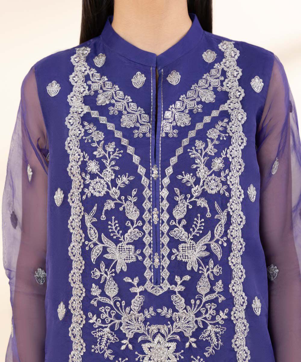 Women's Unstitched Blue Blended Organza, Organza 3 Piece Suit