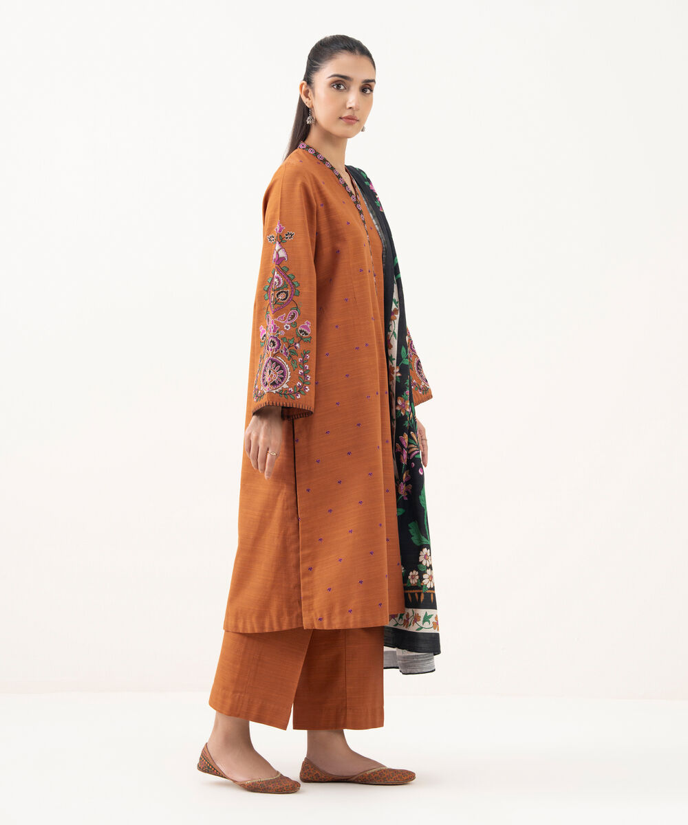 Women's Unstitched Cotton Embroidered Orange 3 Piece Suit
