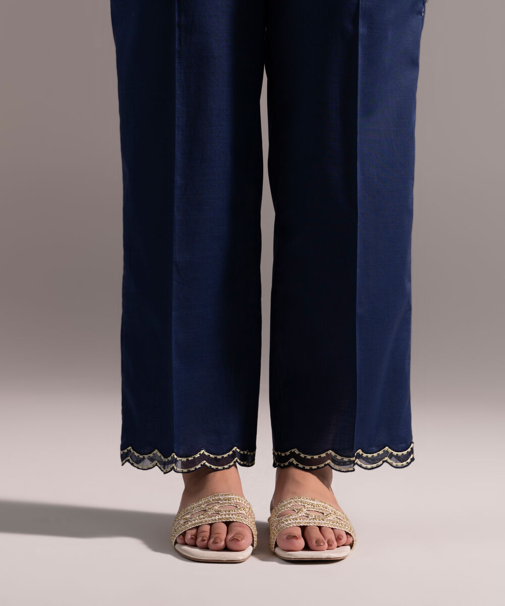 Women's RTW Crosshatch Embroidered Dark Blue Straight Pants