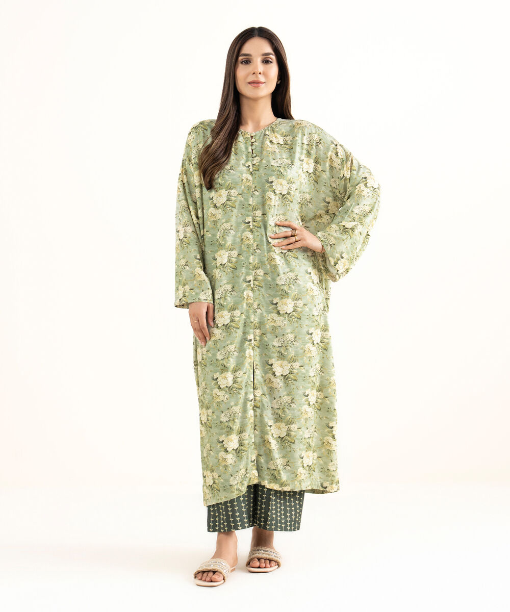 Women's RTW Arabic Lawn Green Printed Drop Shoulder Shirt