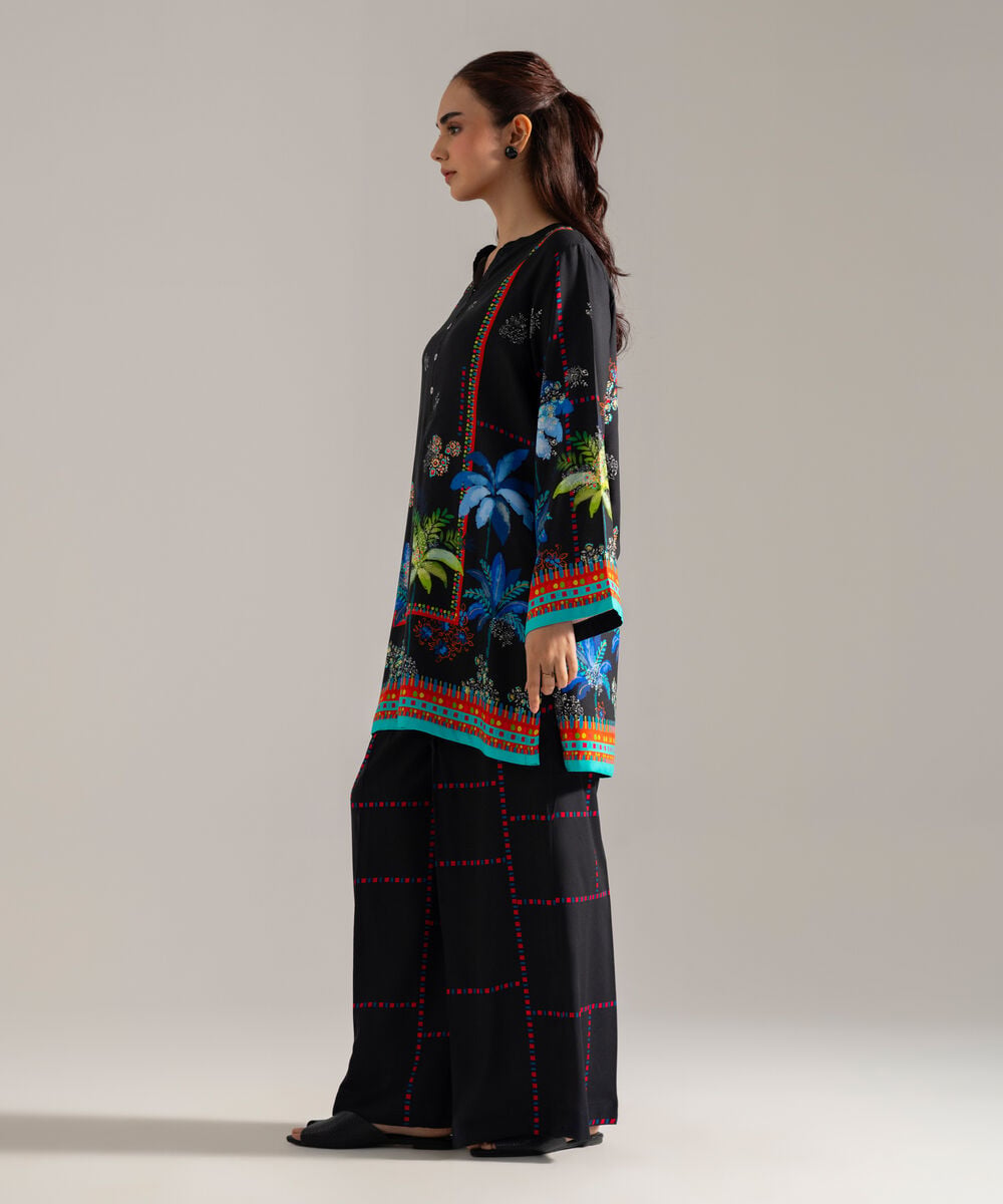 Women's RTW Printed Black Viscose Linen 2 Piece Suit