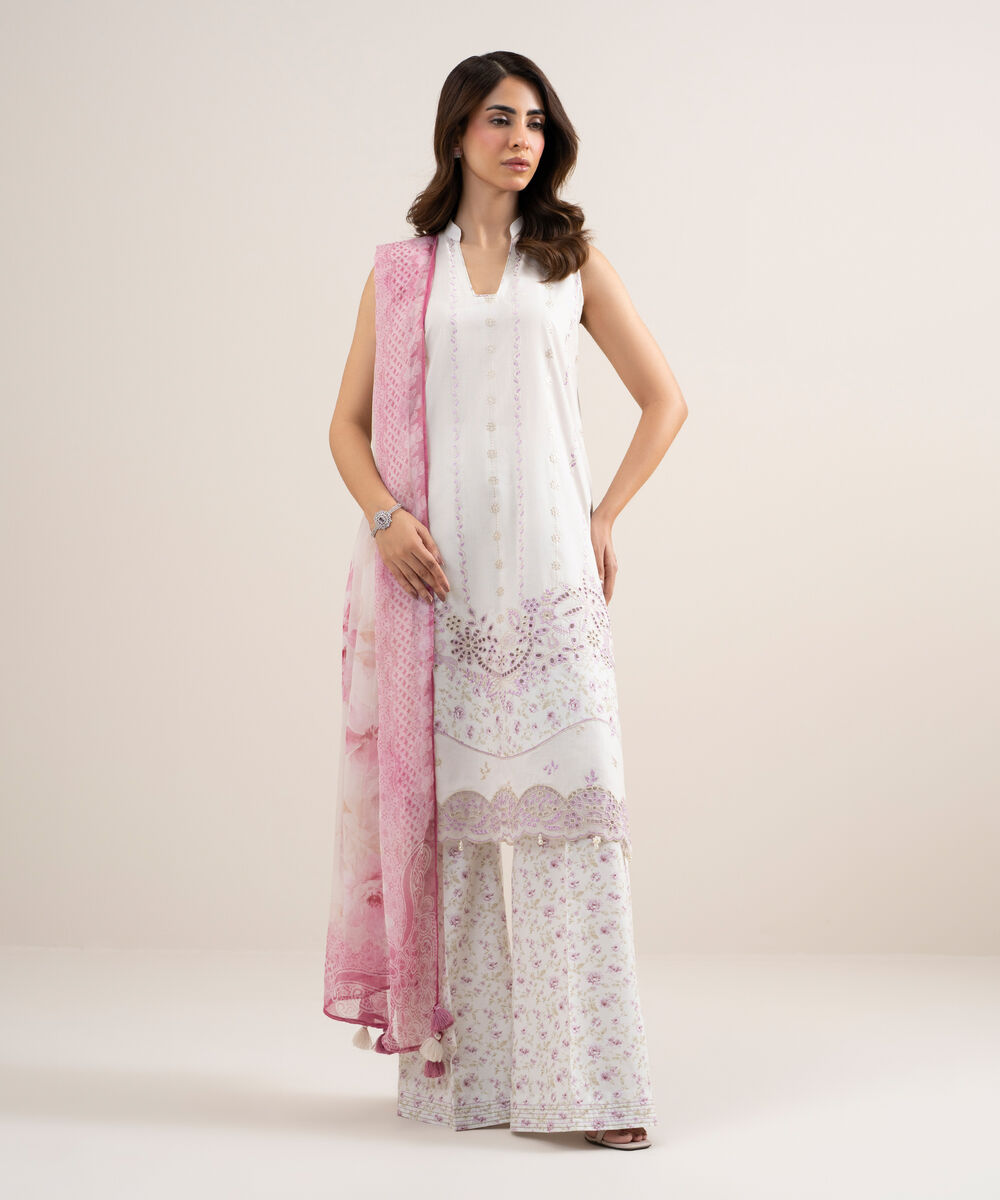 Women's Unstitched Dobby Embroidered Off White 3 Piece Suit