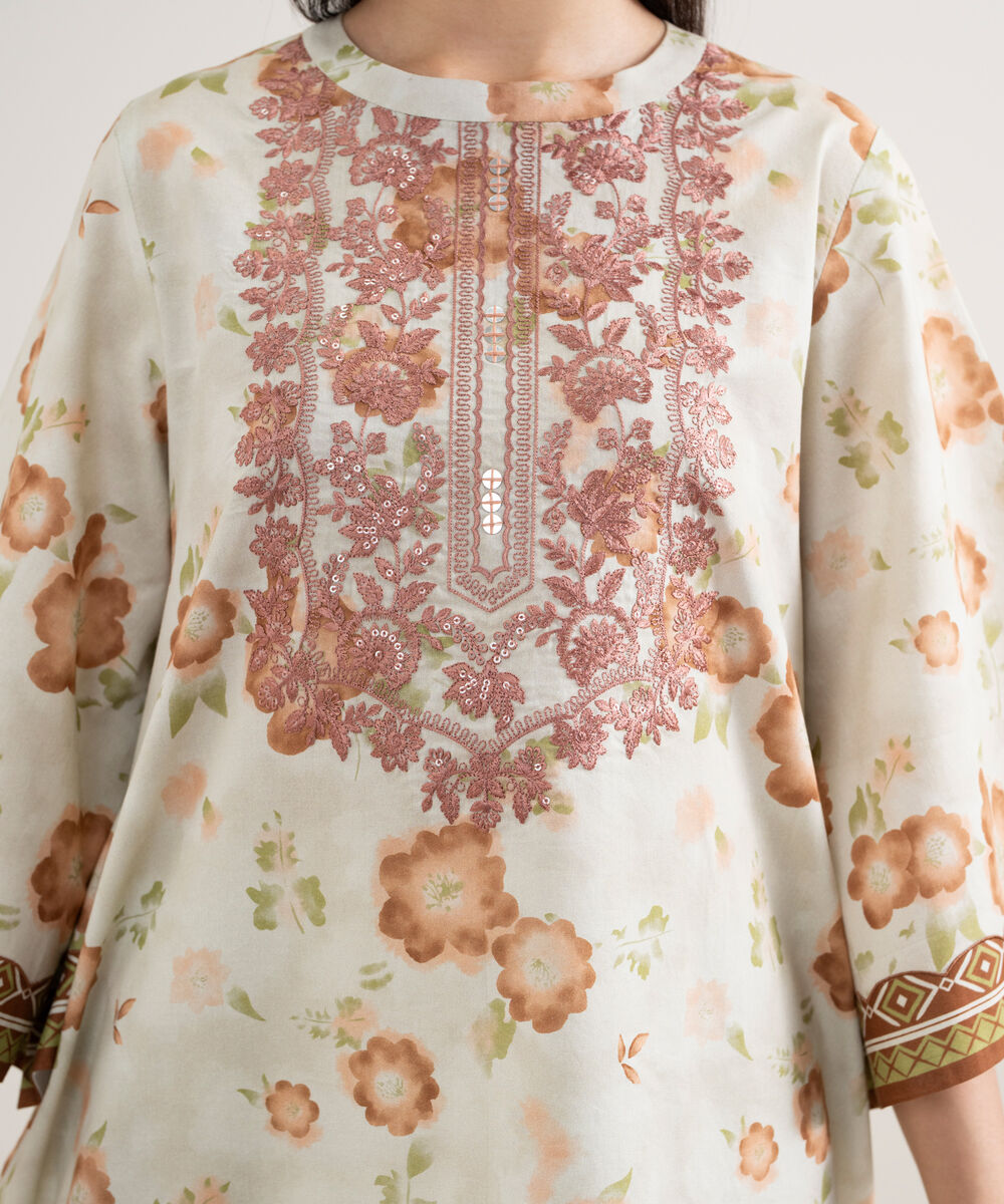 Women's Unstitched Lawn Embroidered Beige 3 Piece Suit
