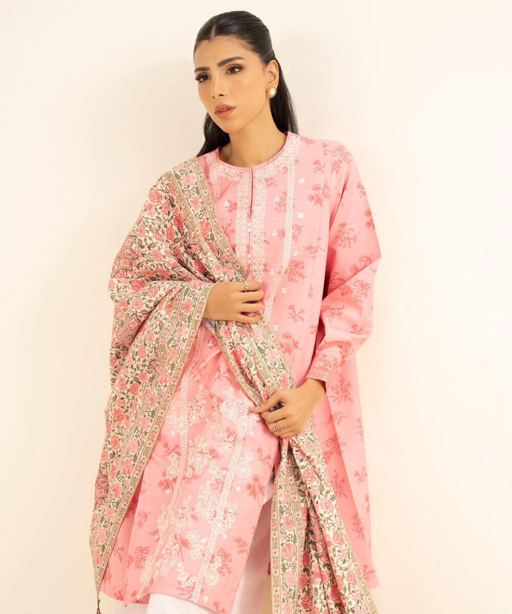 Women's Unstitched Khaddar Embroidered Pink  2 Piece Suit