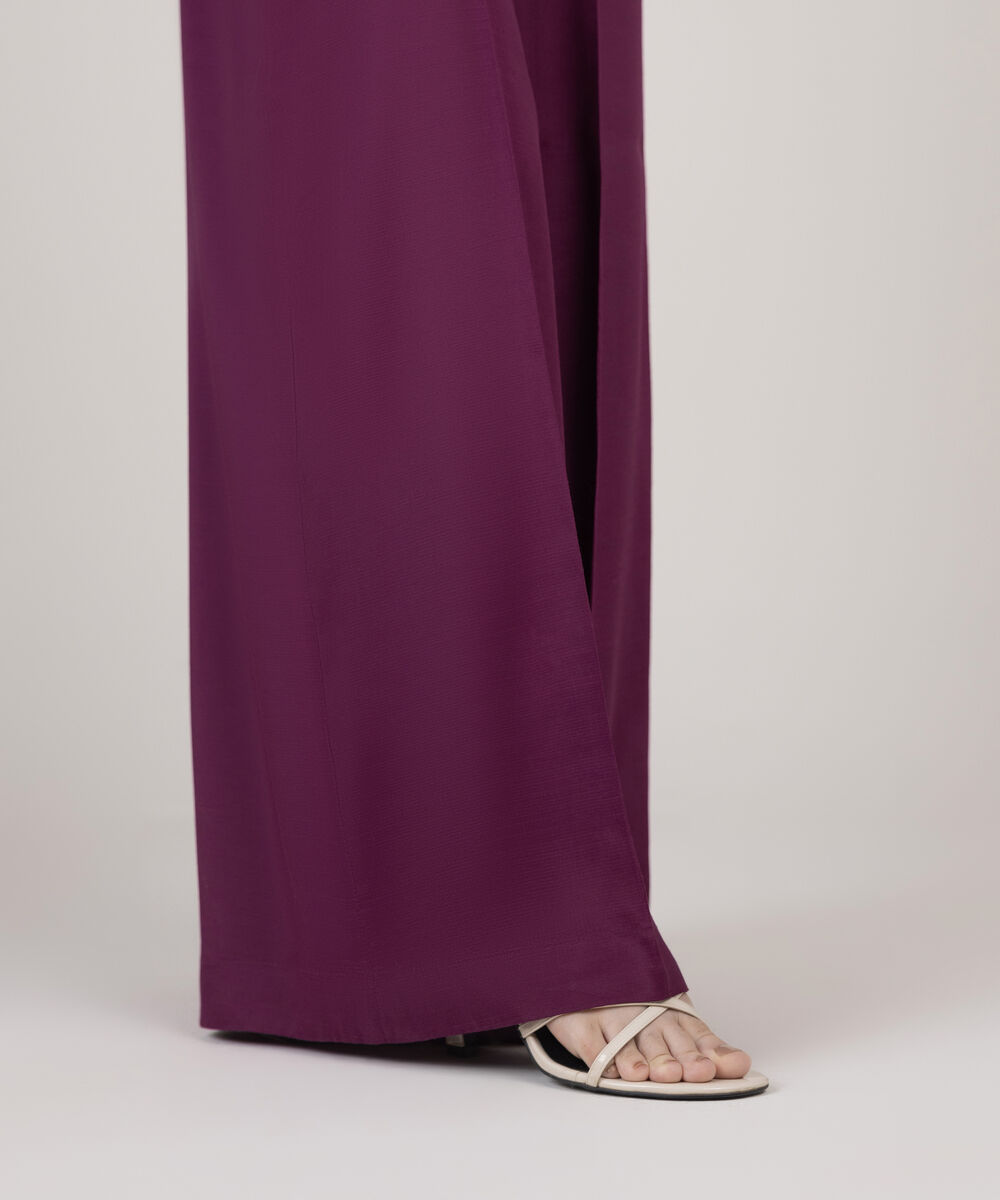 Women's RTW Viscose Raw Silk Solid Purple Flared Pants