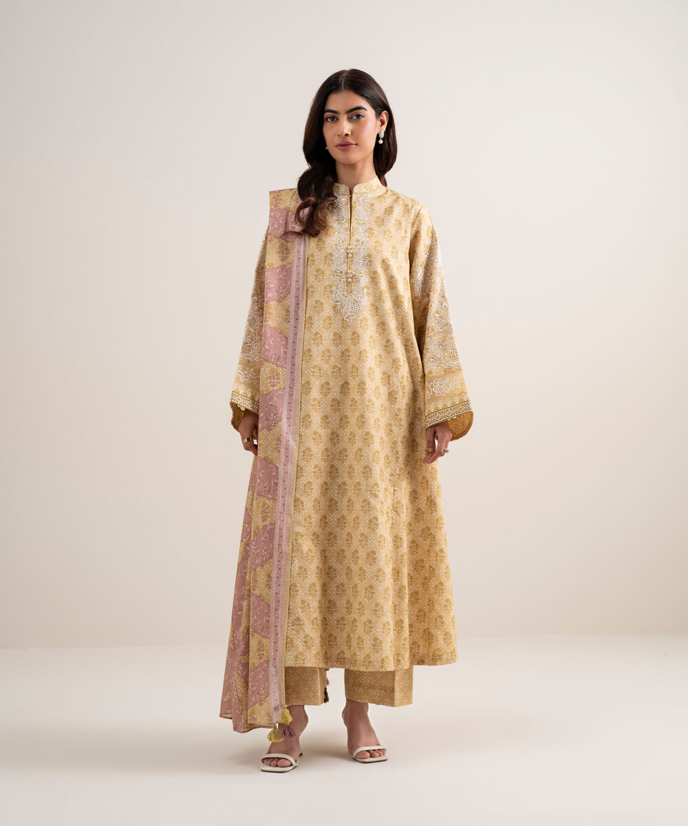 Women's Unstitched Lawn Embroidered Light Mustard 3 Piece Suit