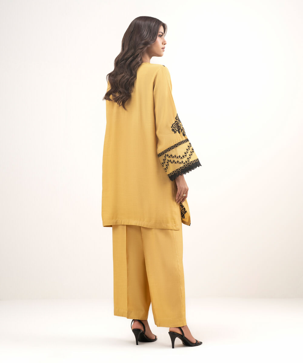 Women's RTW Viscose Raw Silk Embroidered Mustard 2 Piece Suit