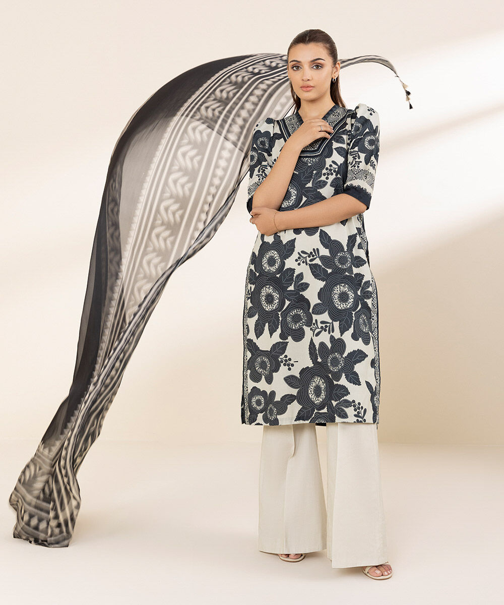 Unstitched Women's Printed Lawn Black Three Piece Suit