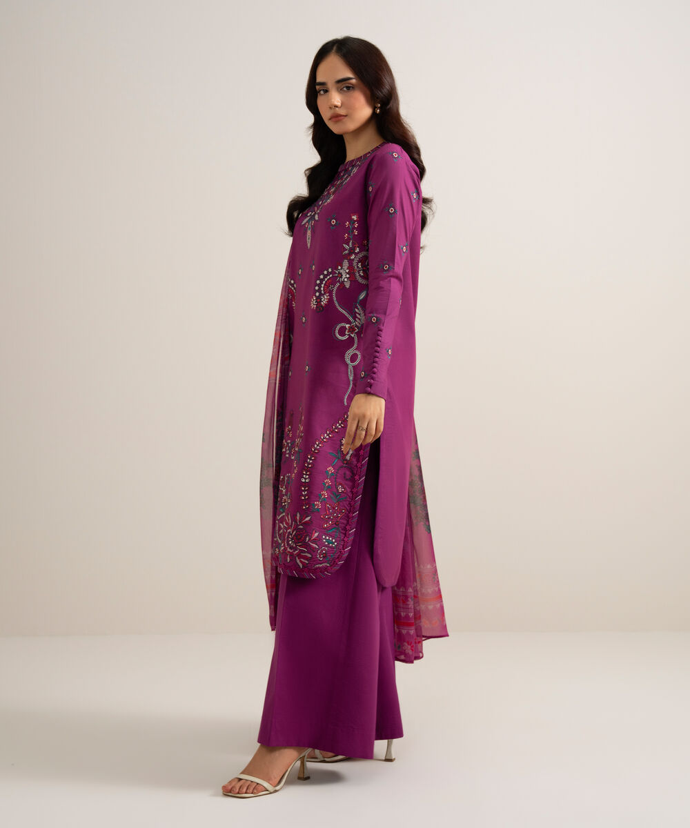 Women's Unstitched Embroidered Cotton Viscose Purple 3 Piece Suit