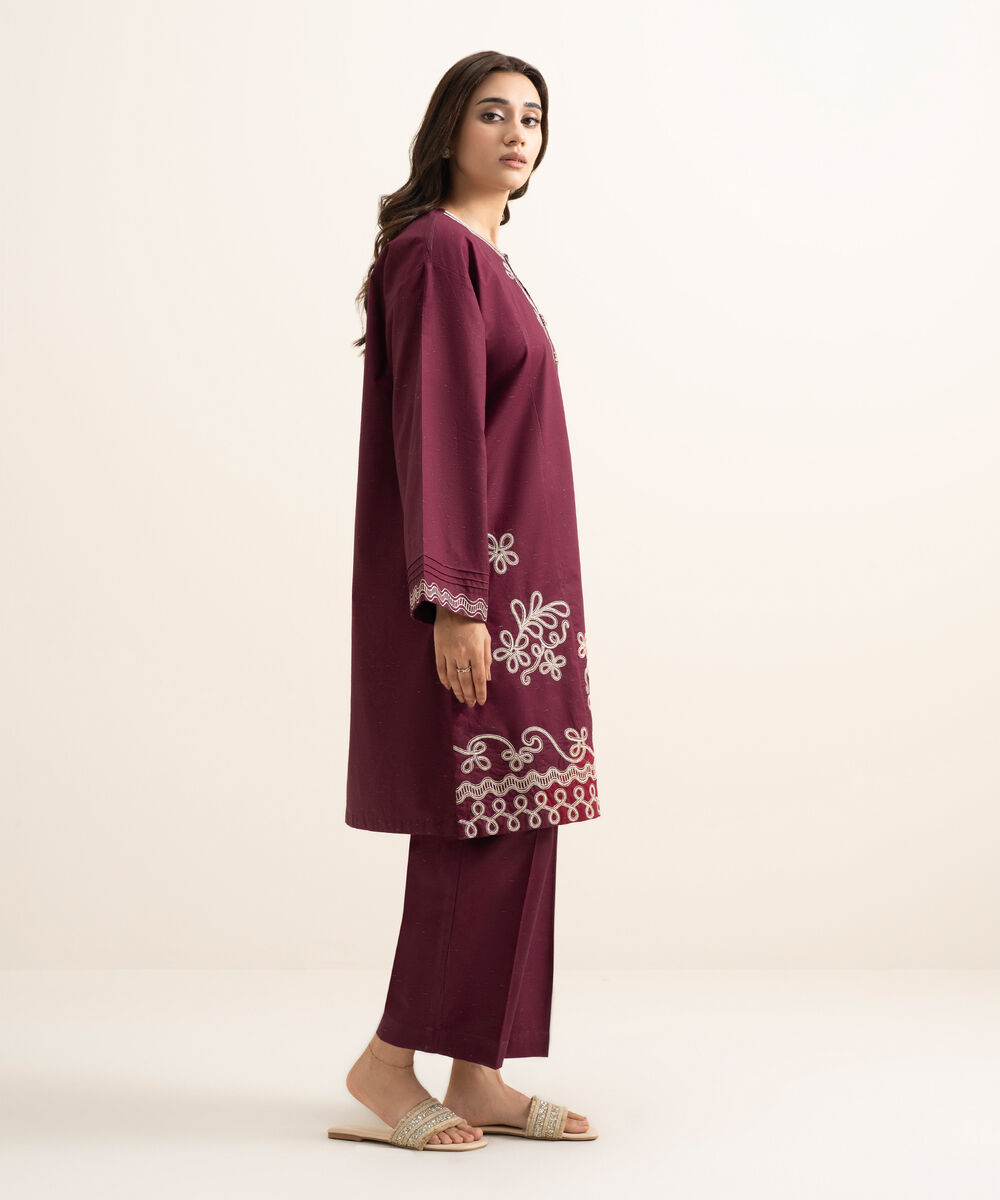 Women's RTW Multi Neps Embroidered Maroon Drop Shoulder Shirt