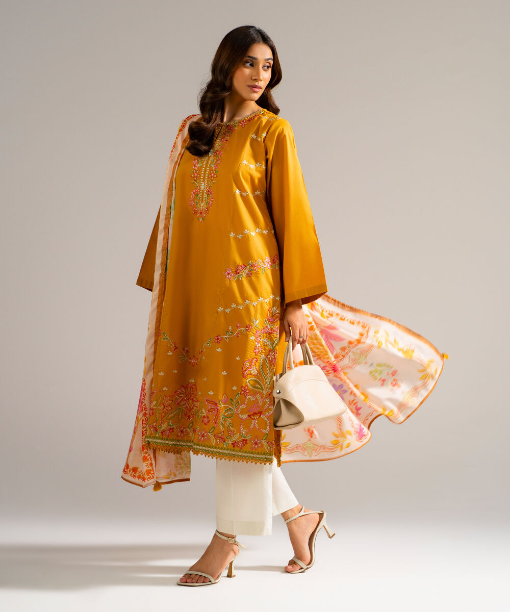 Women's RTW Lawn Embroidered Orange 2 Piece Suit