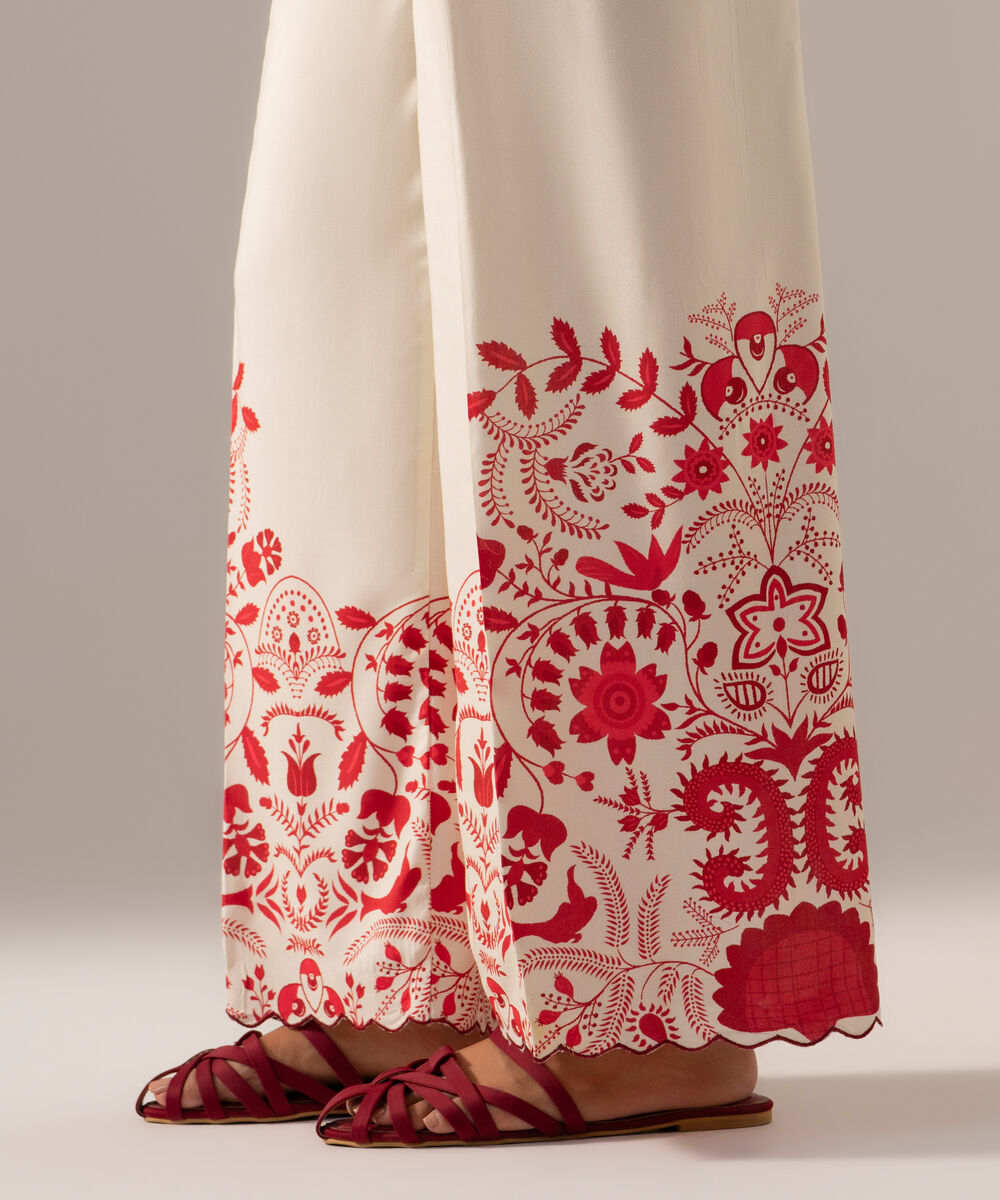 Women's RTW Arabic Cambric Printed Off White Flared Pants