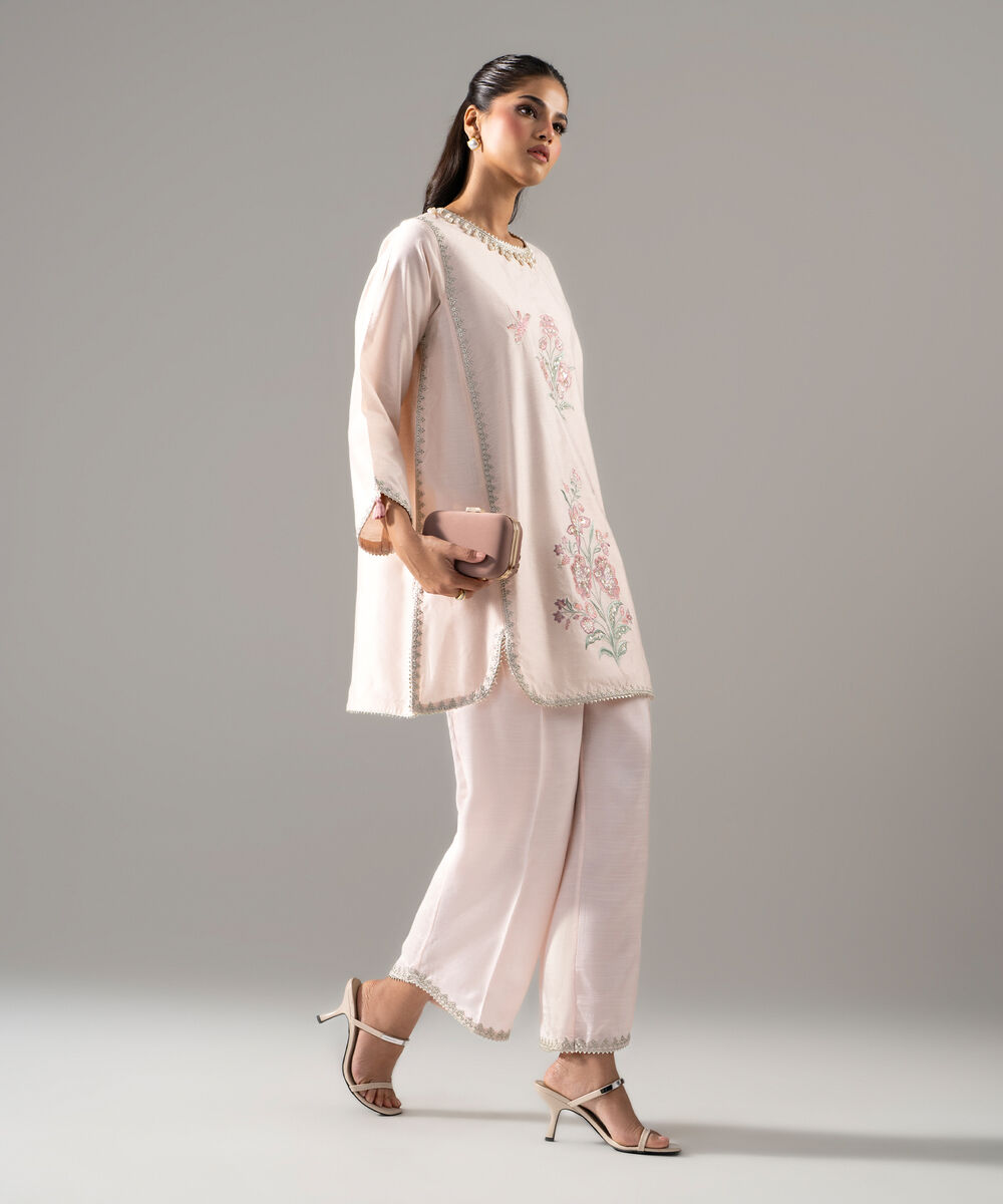 Women's RTW Cotton Net Solid Embroidered Pink 2 Piece Suit
