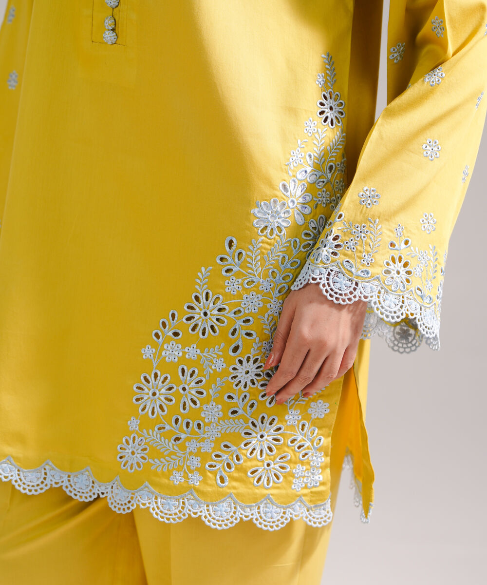 Women's RTW Cotton Satin Embroidered Yellow Straight Shirt