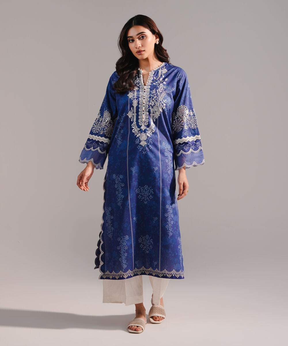 Women's RTW Lawn Embroidered Dark Blue A-Line Shirt