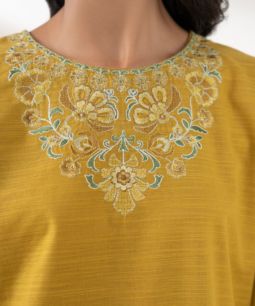 Women's RTW Khaddar Embroidered Mustard 3 Piece Suit