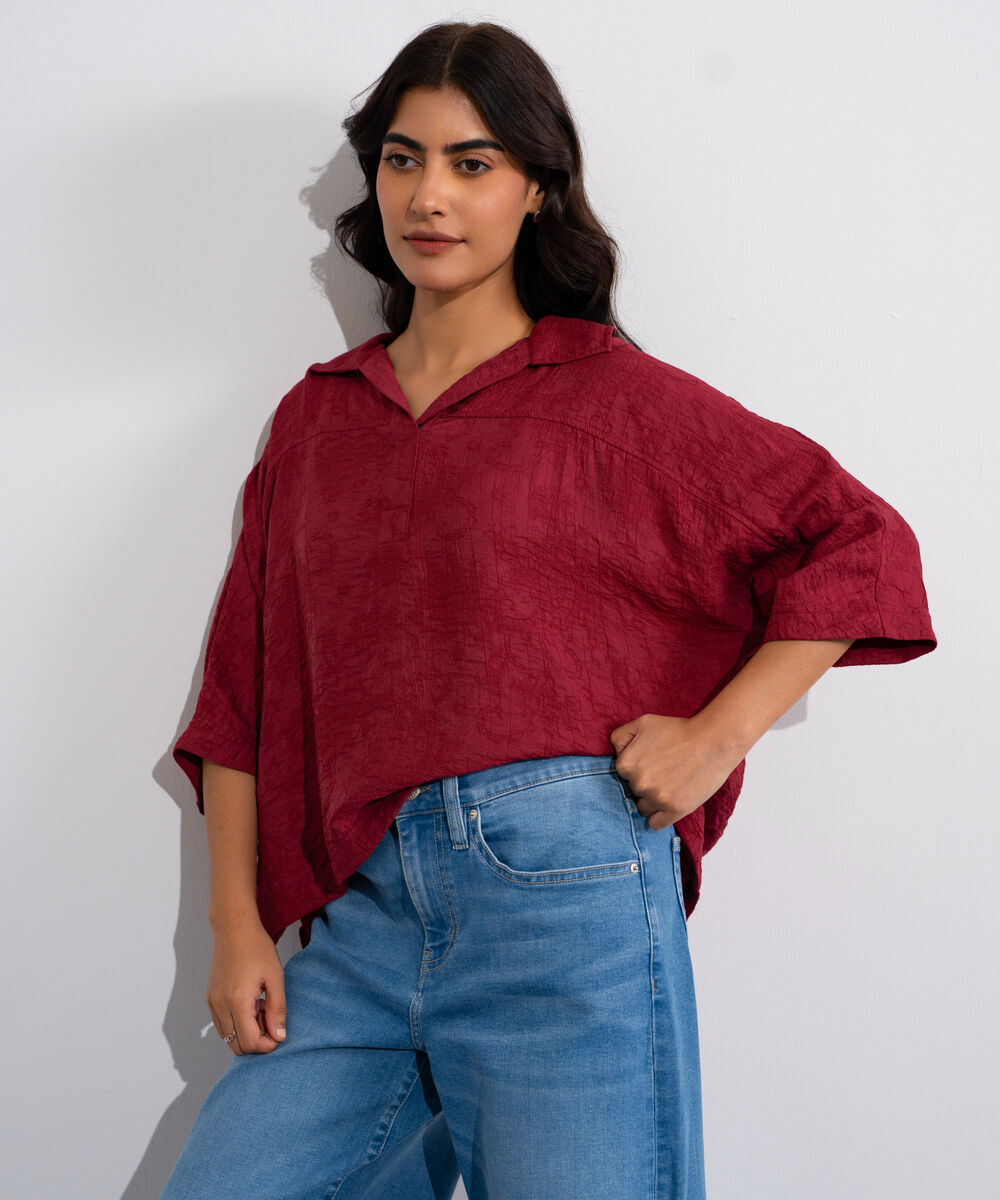 Women's Red Loose Fit Top With Kimono Sleeves