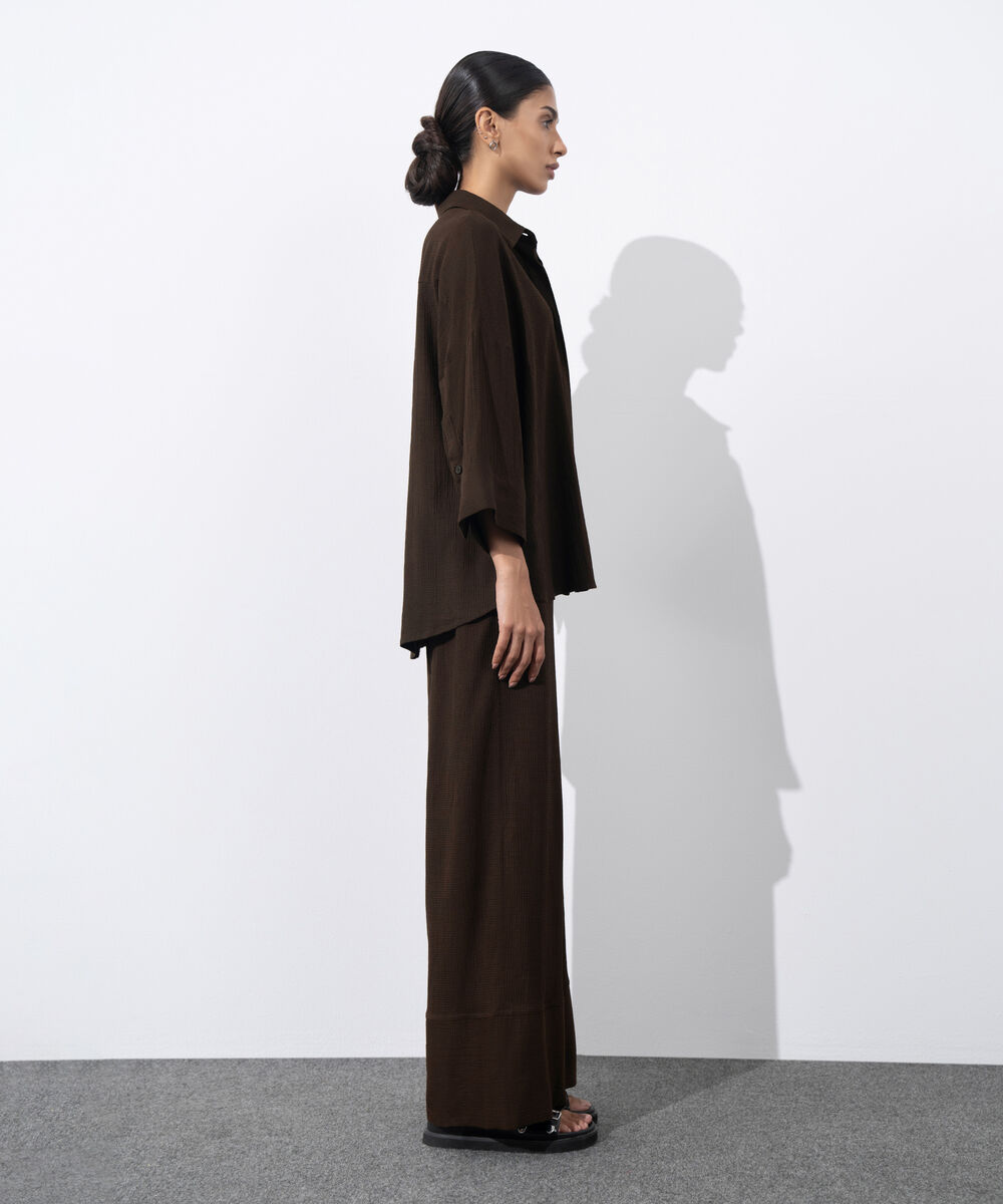 Women's Western Wear Brown Seersucker Button Through Shirt