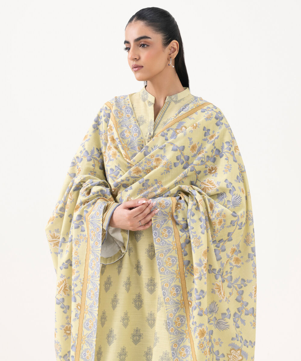 Women's Unstitched Cotton Printed Yellow 3 Piece Suit