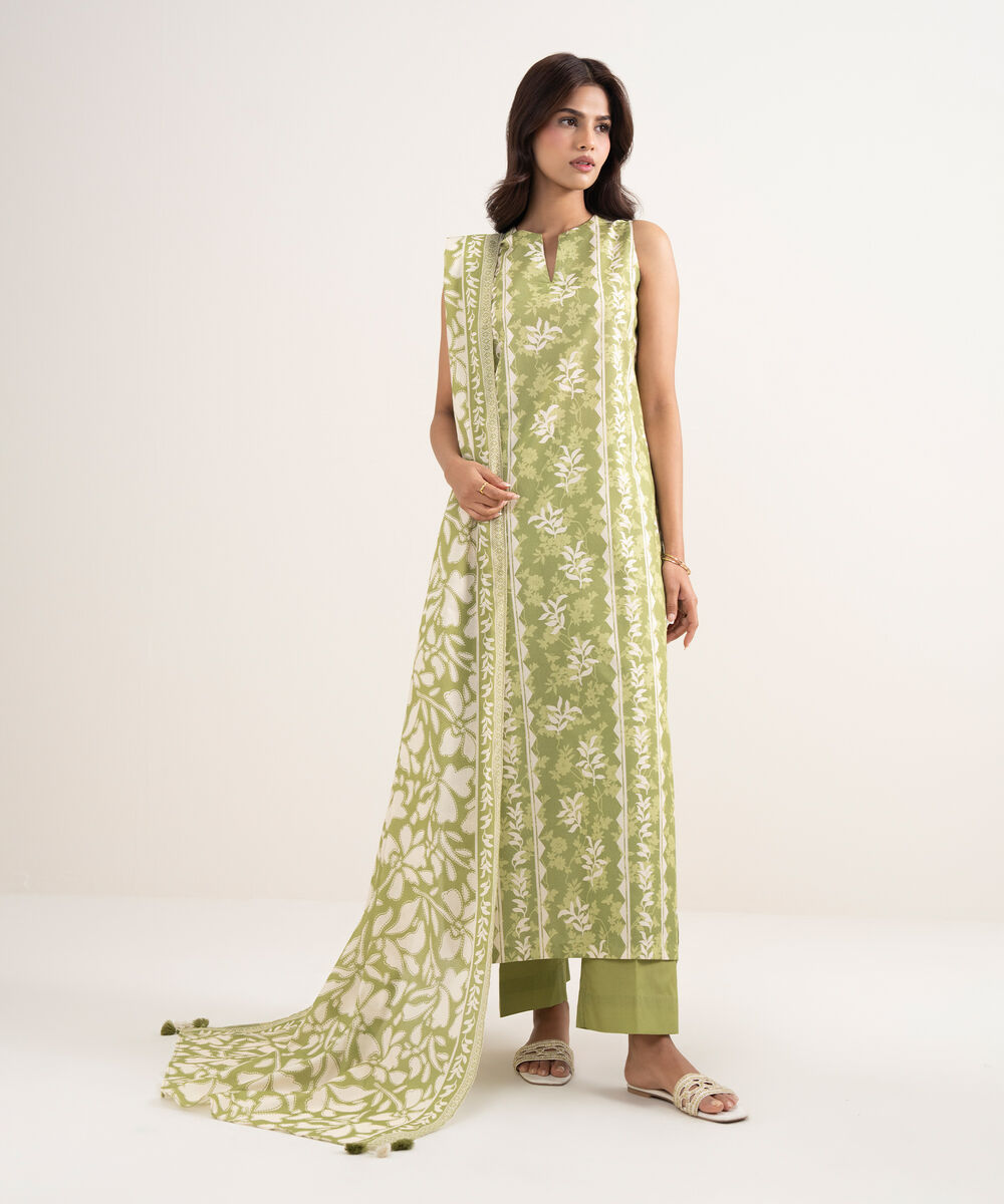 Women's Unstitched Lawn Green Printed 3 Piece Suit