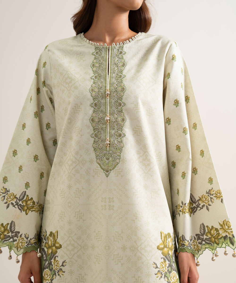 Women's Unstitched Zari Cotton Embroidered Off White  3 Piece Suit